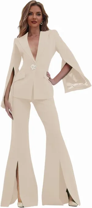 Womens Suit 2 Piece Set Business Blazer Bell Bottoms Casual Sleeve Placket Suit Peak Lapel Prom Tuxedo for Evening Party