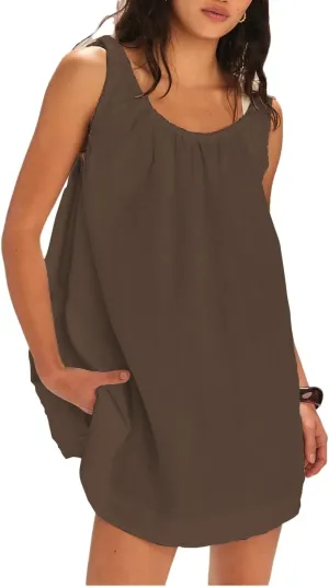 Women's Summer Babydoll Mini Dress 2025 Scoop Neck Pleated Beach Cover Up Tank Sundress with Pockets