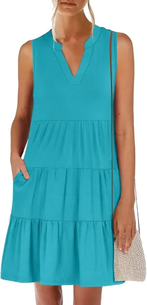 Women's Summer Casual V Neck Dress with Pocket Cute Sleeveless High Waist A-line Sundress Midi Dresses 2025