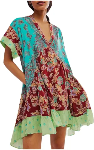 Womens Summer Dress Casual Vintage Floral Boho V Neck Swing Short Sleeve Pleated Ruffle Hem A-Line Beach Mini Dress