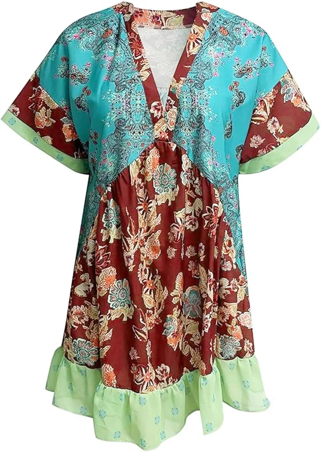 Womens Summer Dress Casual Vintage Floral Boho V Neck Swing Short Sleeve Pleated Ruffle Hem A-Line Beach Mini Dress