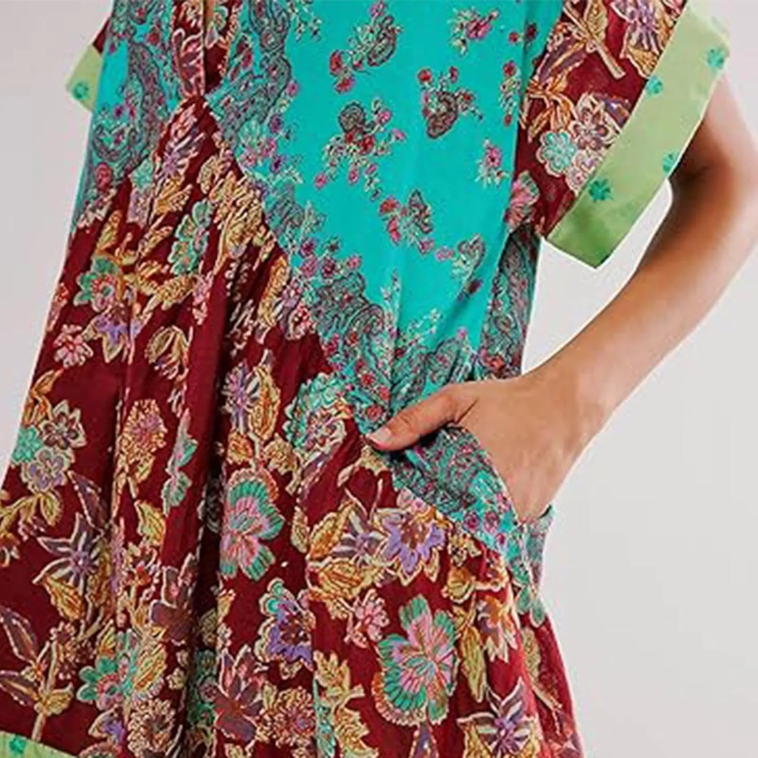 Womens Summer Dress Casual Vintage Floral Boho V Neck Swing Short Sleeve Pleated Ruffle Hem A-Line Beach Mini Dress