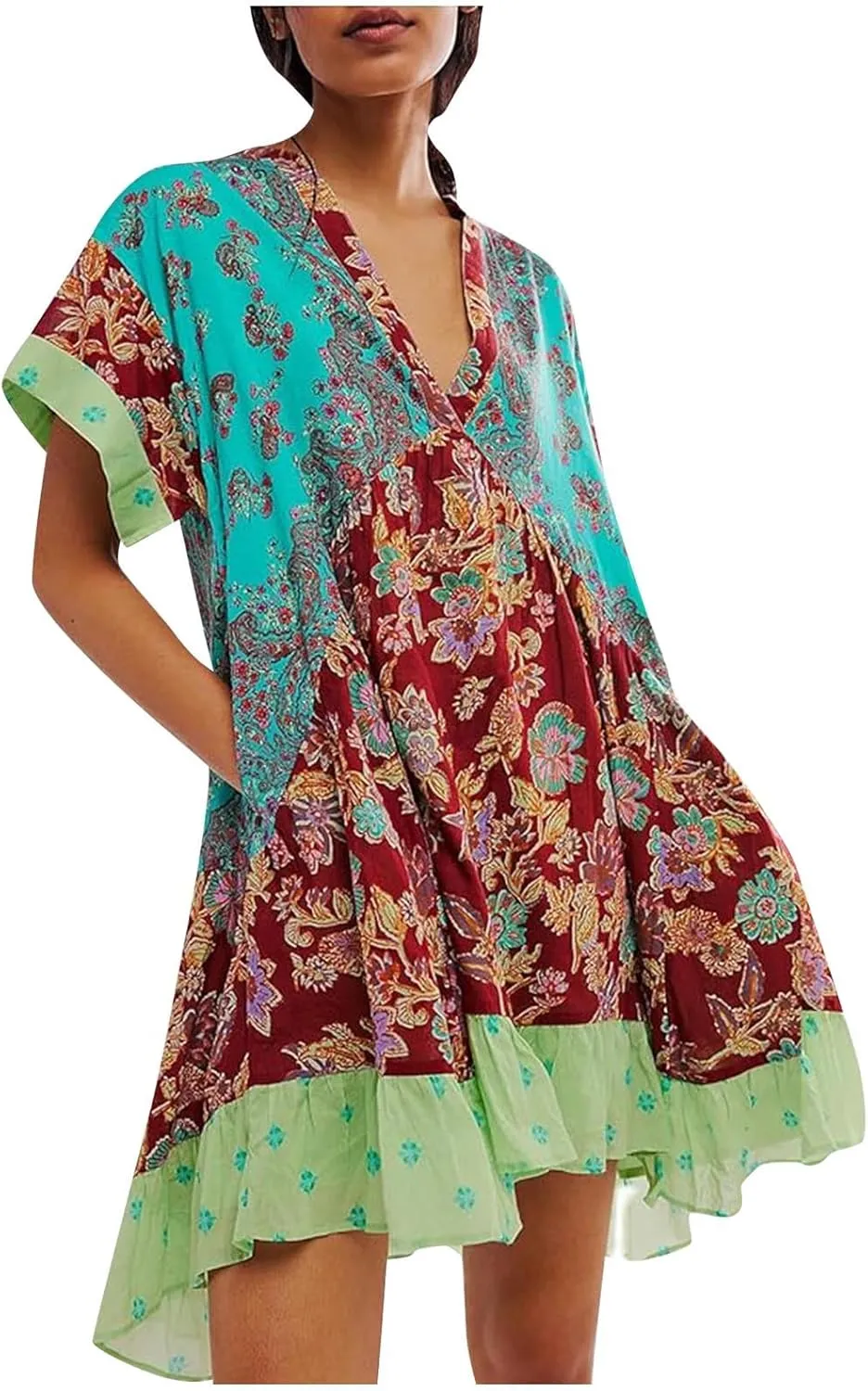 Womens Summer Dress Casual Vintage Floral Boho V Neck Swing Short Sleeve Pleated Ruffle Hem A-Line Beach Mini Dress