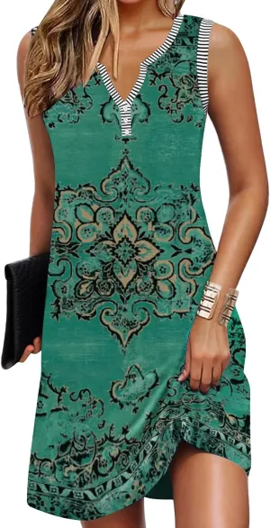 Womens Summer Dresses Striped V Neck Sleeveless Buttons Casual Flowy Beach Vacation Mini Shift Sundress with Pockets