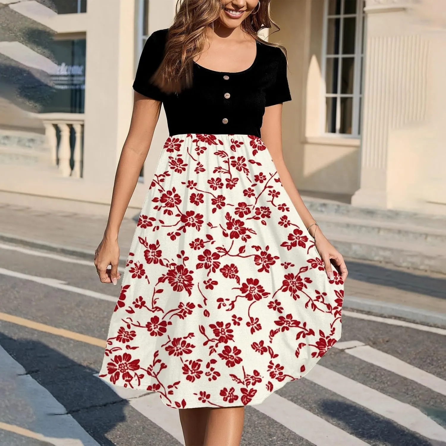 Women's Summer Floral Print Midi Dress with Short Sleeves Button Front Casual A-Line for Beach and Daily Wear