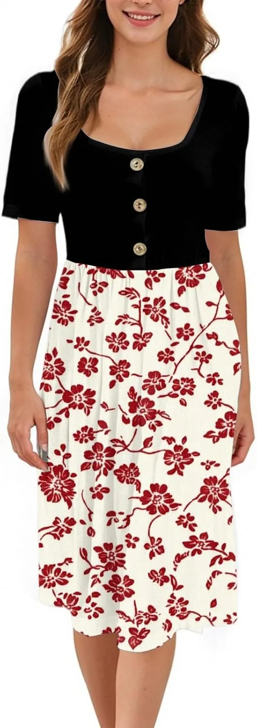 Women's Summer Floral Print Midi Dress with Short Sleeves Button Front Casual A-Line for Beach and Daily Wear