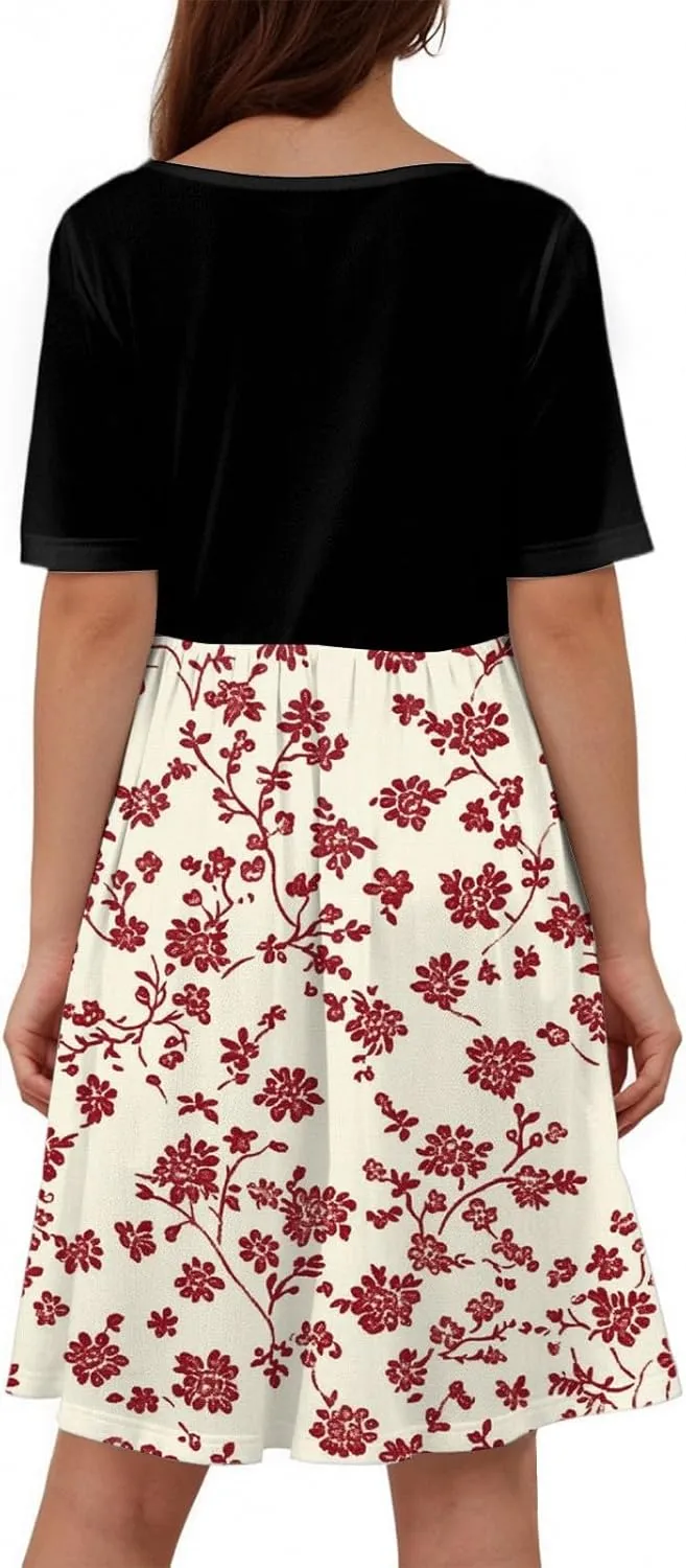 Women's Summer Floral Print Midi Dress with Short Sleeves Button Front Casual A-Line for Beach and Daily Wear