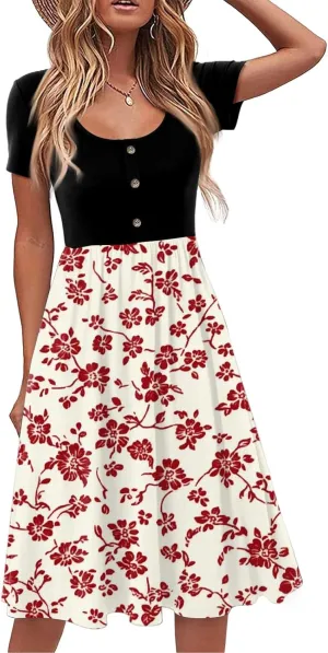 Women's Summer Floral Print Midi Dress with Short Sleeves Button Front Casual A-Line for Beach and Daily Wear