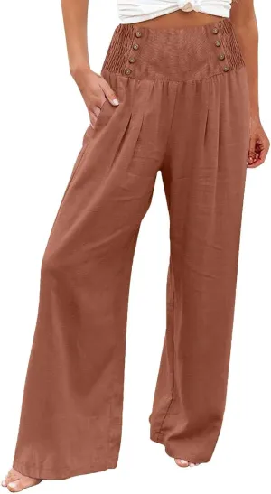 Women's Summer Pants, Drawstring High Waist Linen Palazzo Pants Wide Leg Lounge Pant Trousers with Pockets