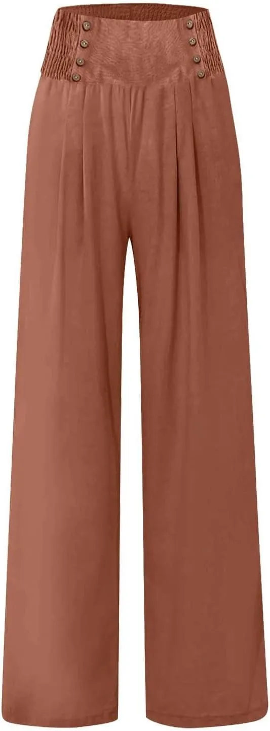 Women's Summer Pants, Drawstring High Waist Linen Palazzo Pants Wide Leg Lounge Pant Trousers with Pockets