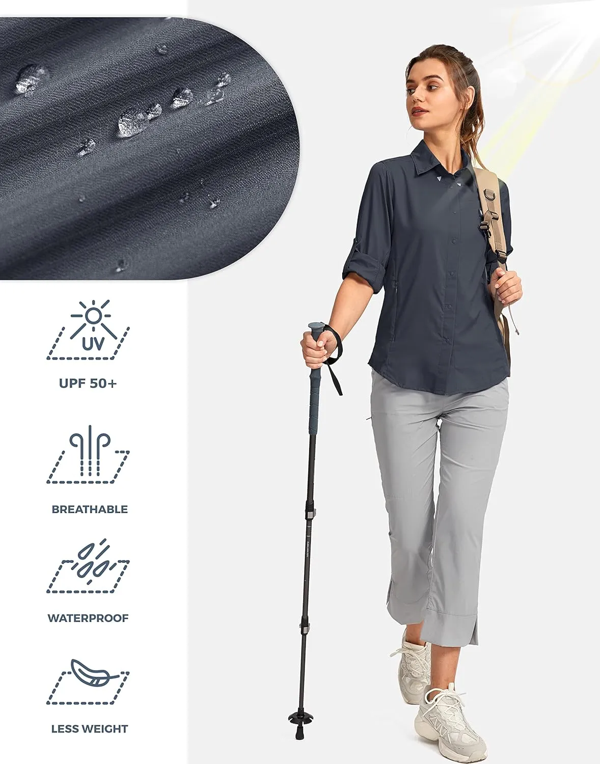 Womens Sun Protection Fishing Shirt with Zipper Pockets Lightweight SPF Long Sleeve Shirts for Hiking Safari