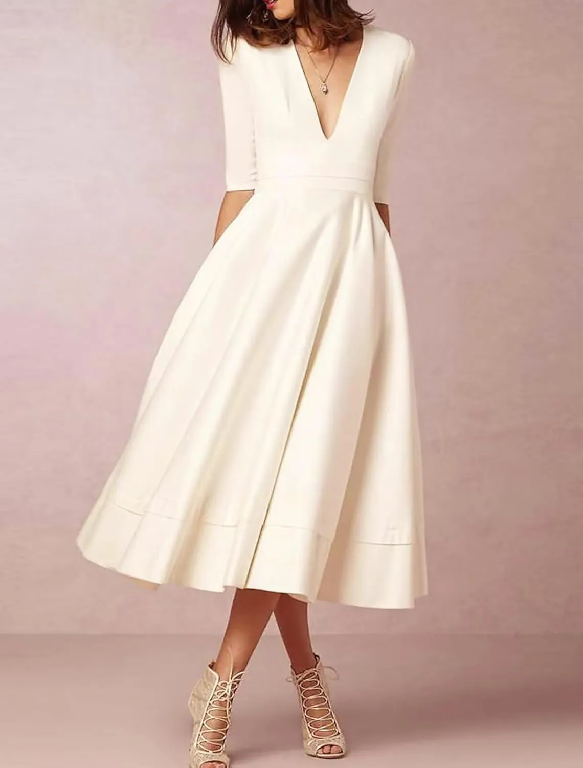 Women's Tea Length Wedding Dresses for Bride Satin Simple A Line Midi Formal Bridal Dress with Sleeves