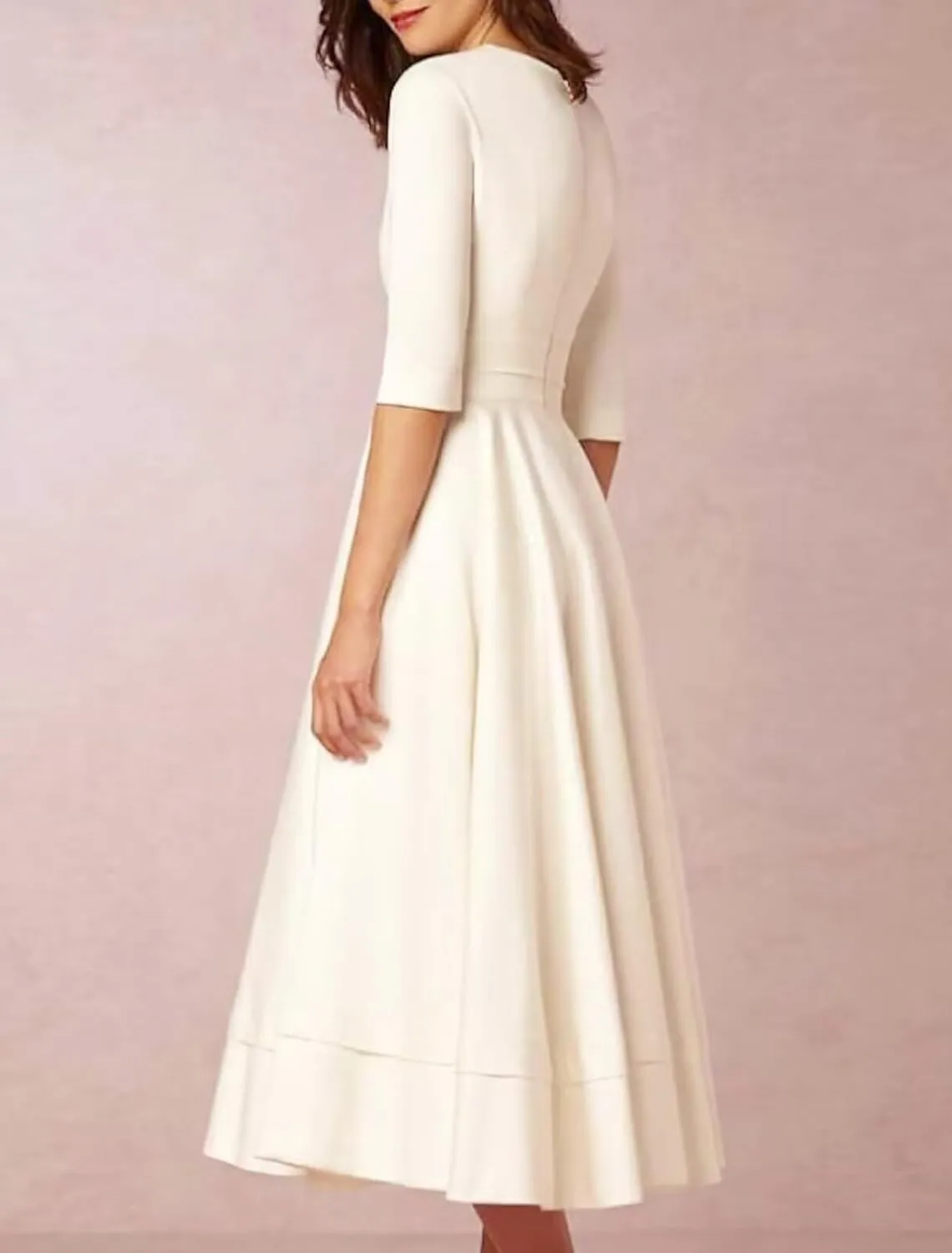 Women's Tea Length Wedding Dresses for Bride Satin Simple A Line Midi Formal Bridal Dress with Sleeves