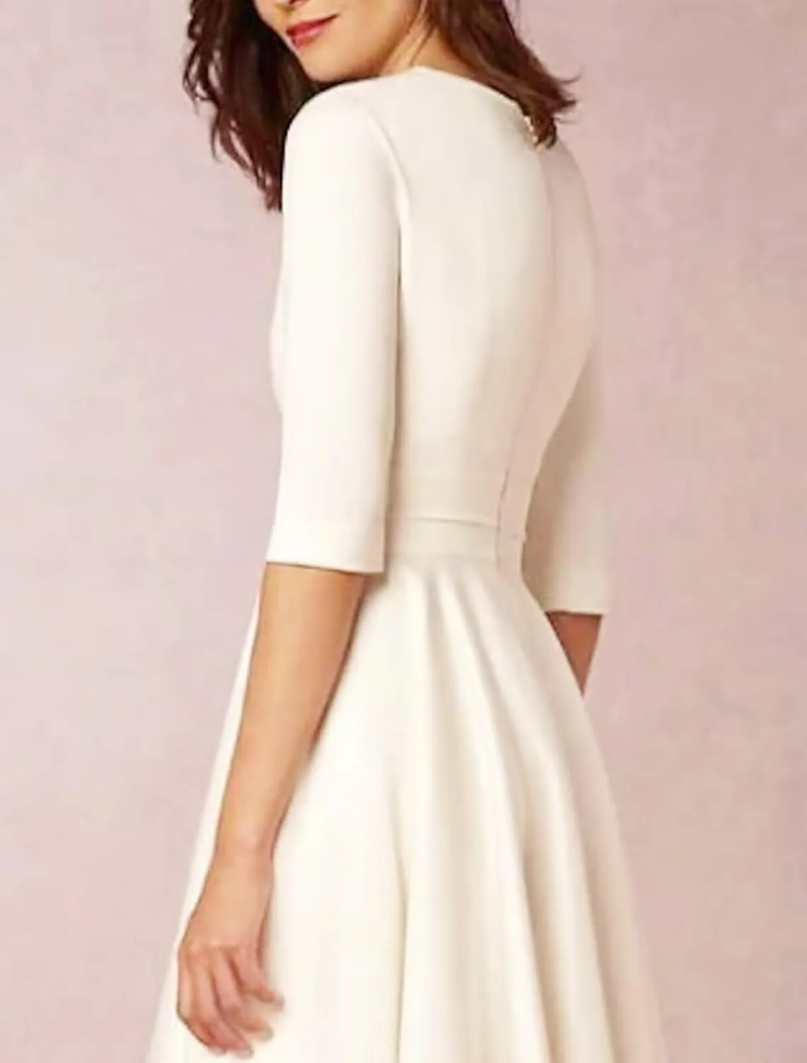 Women's Tea Length Wedding Dresses for Bride Satin Simple A Line Midi Formal Bridal Dress with Sleeves