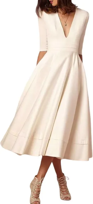 Women's Tea Length Wedding Dresses for Bride Satin Simple A Line Midi Formal Bridal Dress with Sleeves
