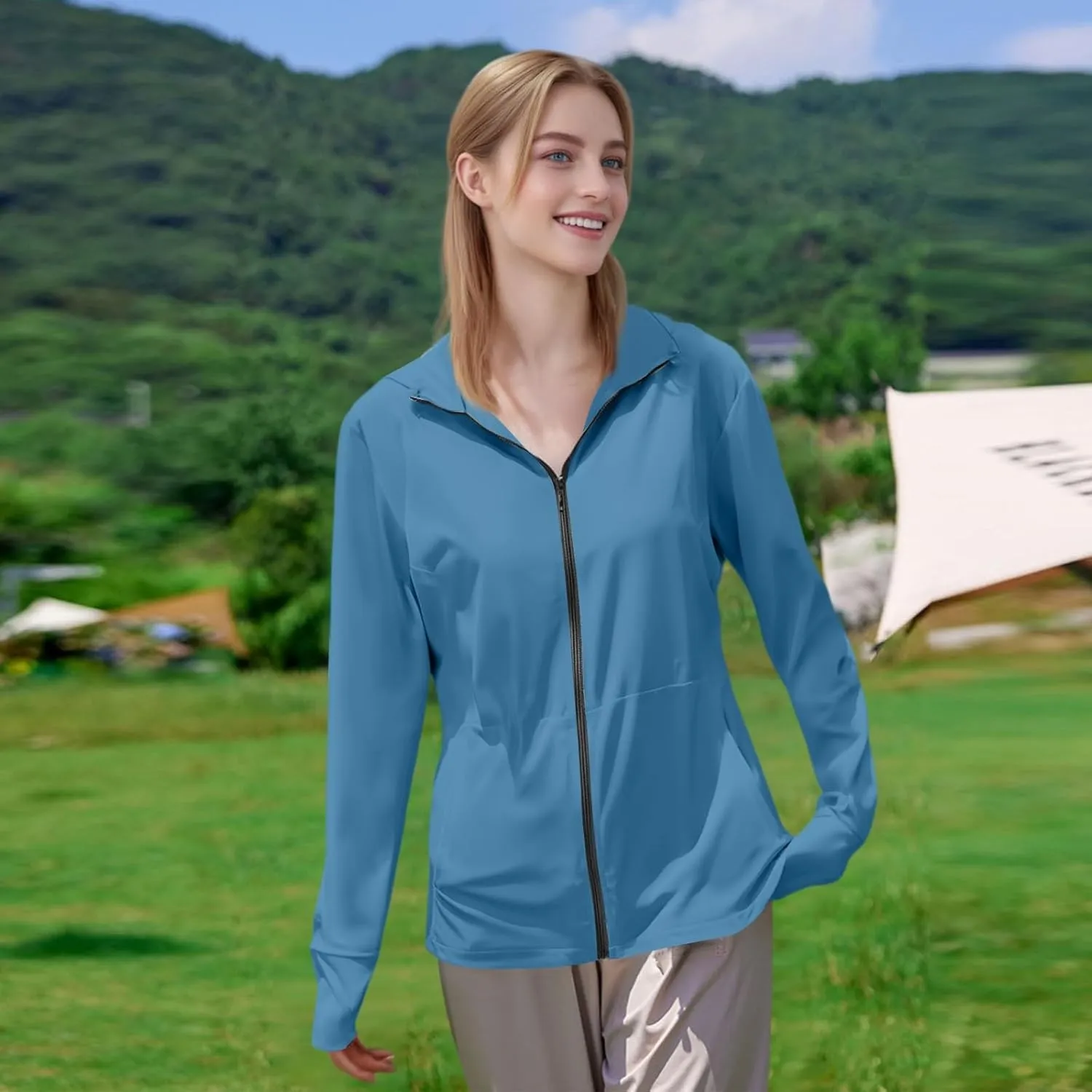 Women's UPF Sun Protection Shirts SPF Jacket UV Zip Up Hoodie Long Sleeve Summer Ice Silk Outdoor with Pockets