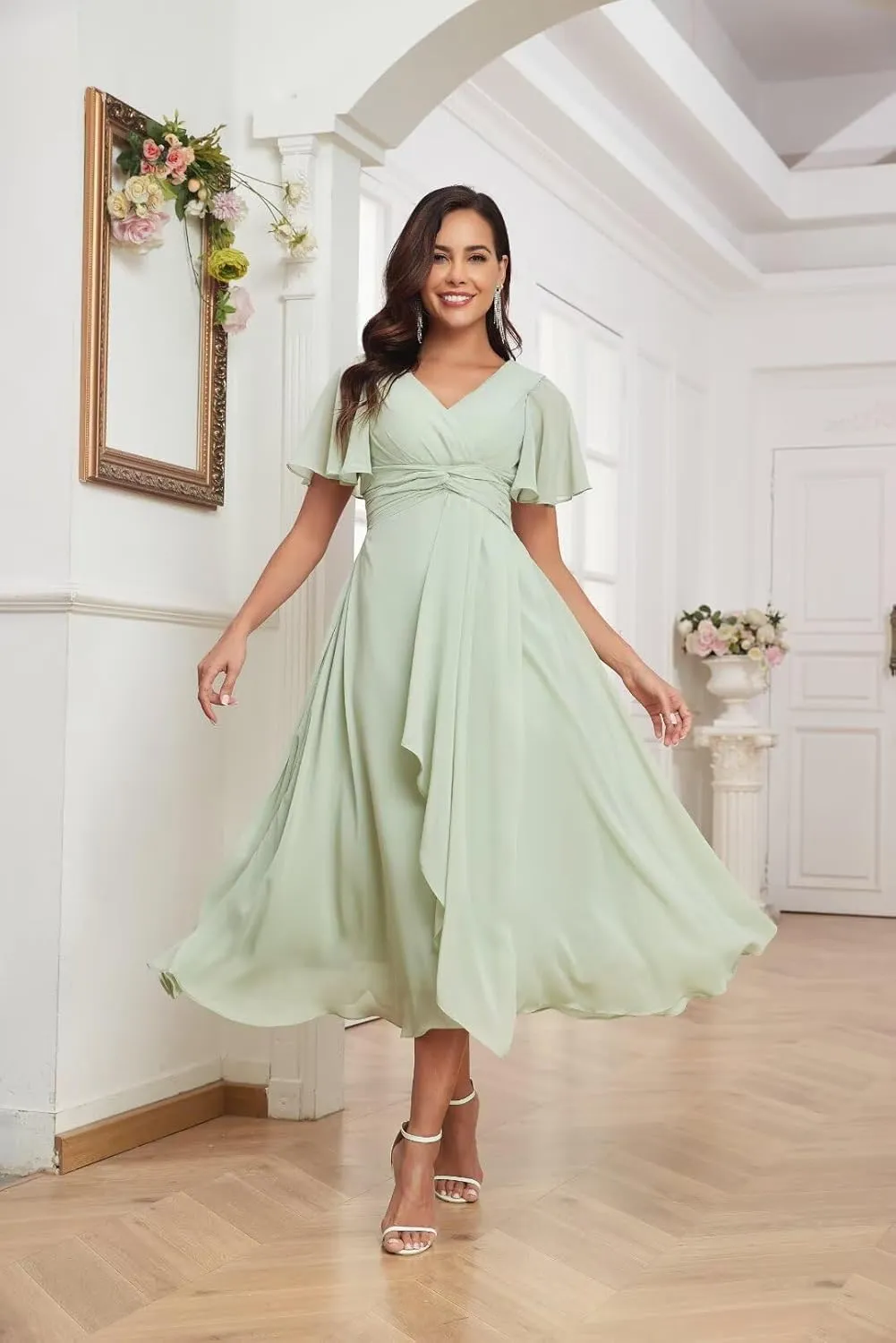 Women's V-Neck Bridesmaid Dresses Flutter Long Chiffon Formal Dress with Pockets