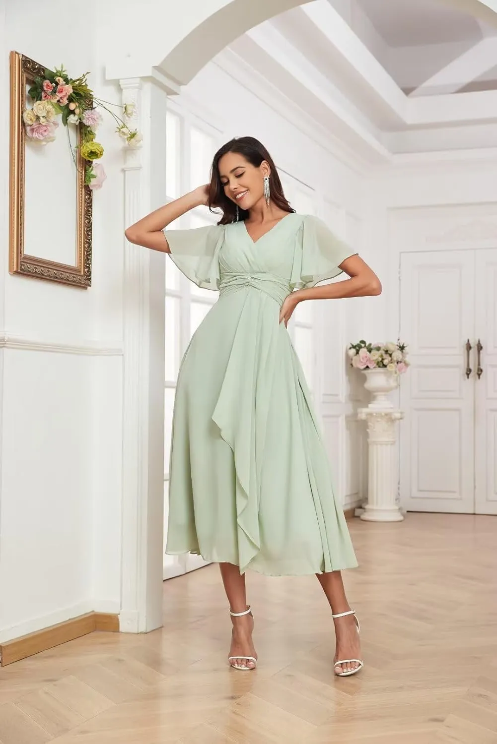 Women's V-Neck Bridesmaid Dresses Flutter Long Chiffon Formal Dress with Pockets