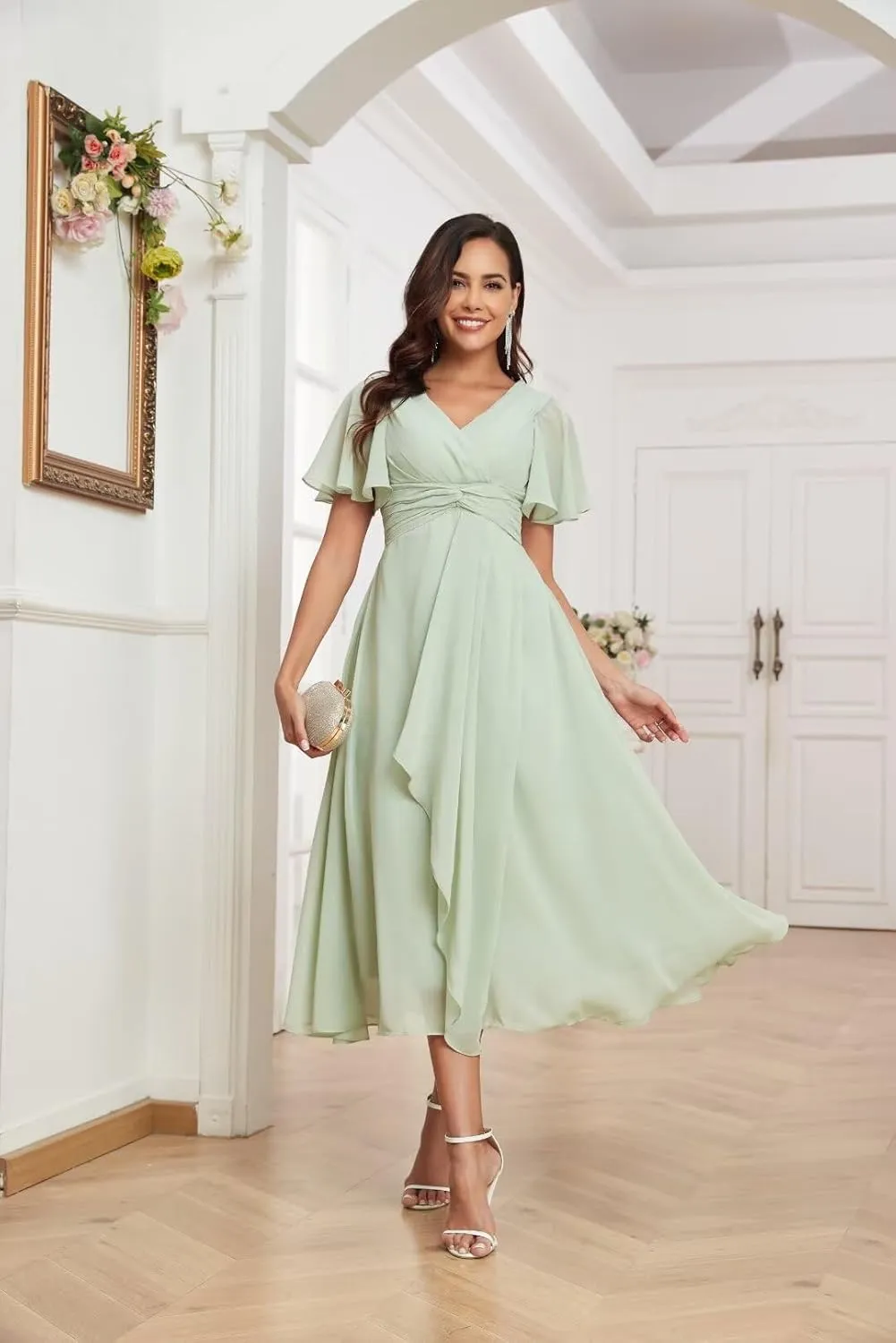 Women's V-Neck Bridesmaid Dresses Flutter Long Chiffon Formal Dress with Pockets