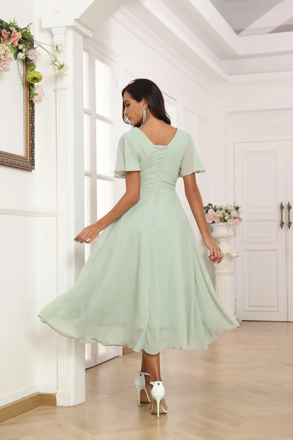 Women's V-Neck Bridesmaid Dresses Flutter Long Chiffon Formal Dress with Pockets