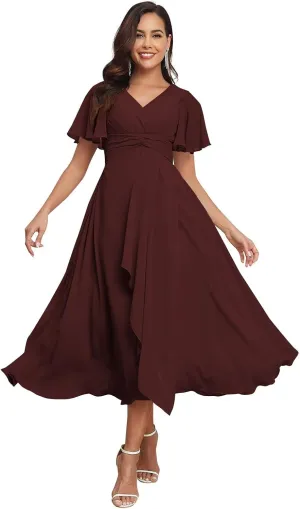 Women's V-Neck Bridesmaid Dresses Flutter Long Chiffon Formal Dress with Pockets