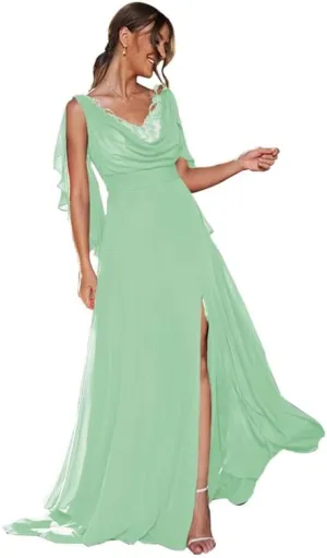 Women's V Neck Long Prom Dresses Chiffon Lace A Line Formal Evening Gowns Floor Length Ruched Mint Bridesmaid Dresses for Wedding with Slit