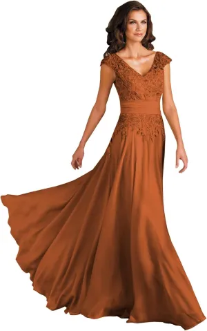 Women's V Neck Mother of The Bride Dresses for Wedding Long Lace A-Line Cap Sleeves Formal Gown with Pockets