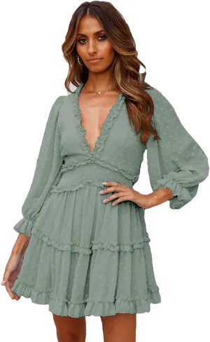 Women's V Neck Swiss Dot Mini Dress Solid Ruffle Backless Flowy Swing Party Dresses Summer