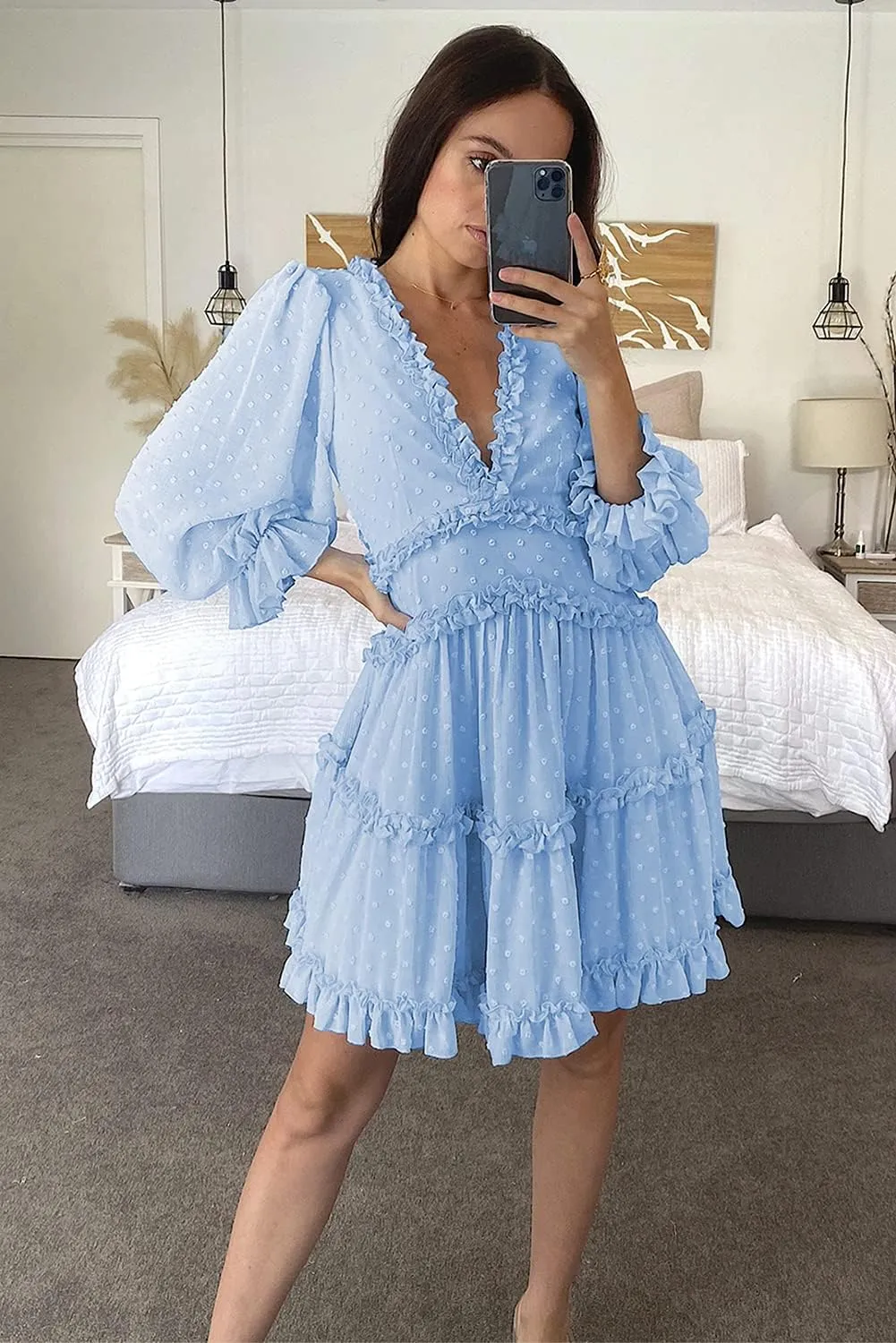 Women's V Neck Swiss Dot Mini Dress Solid Ruffle Backless Flowy Swing Party Dresses Summer