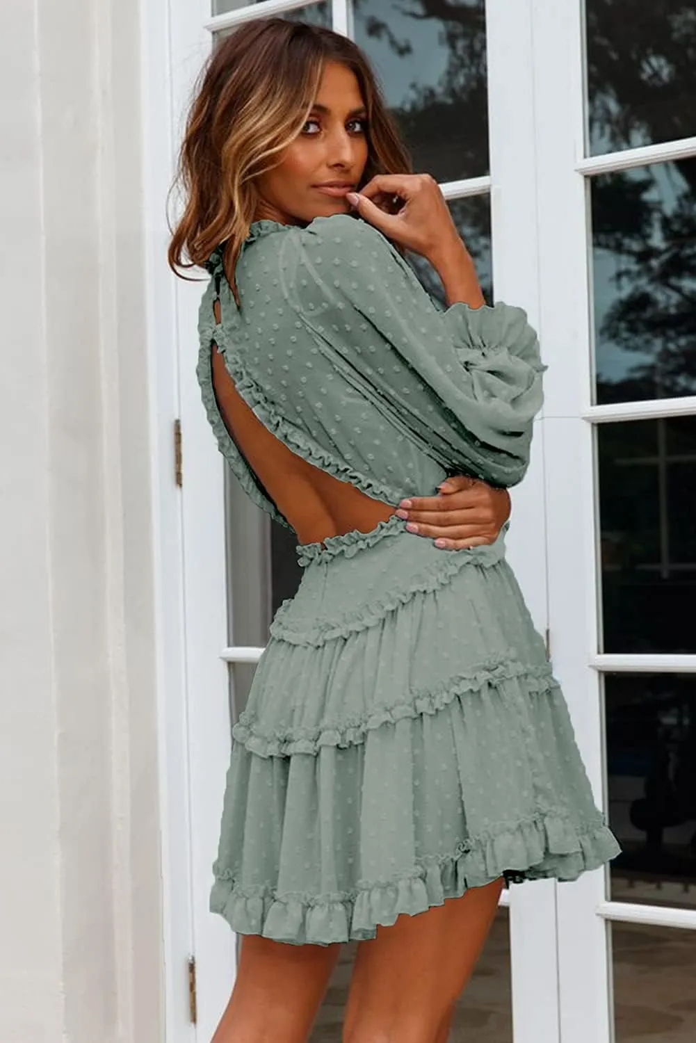 Women's V Neck Swiss Dot Mini Dress Solid Ruffle Backless Flowy Swing Party Dresses Summer