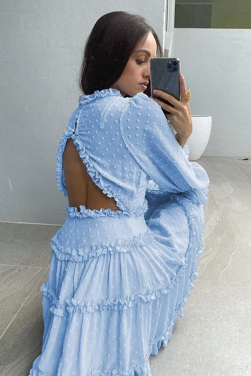 Women's V Neck Swiss Dot Mini Dress Solid Ruffle Backless Flowy Swing Party Dresses Summer