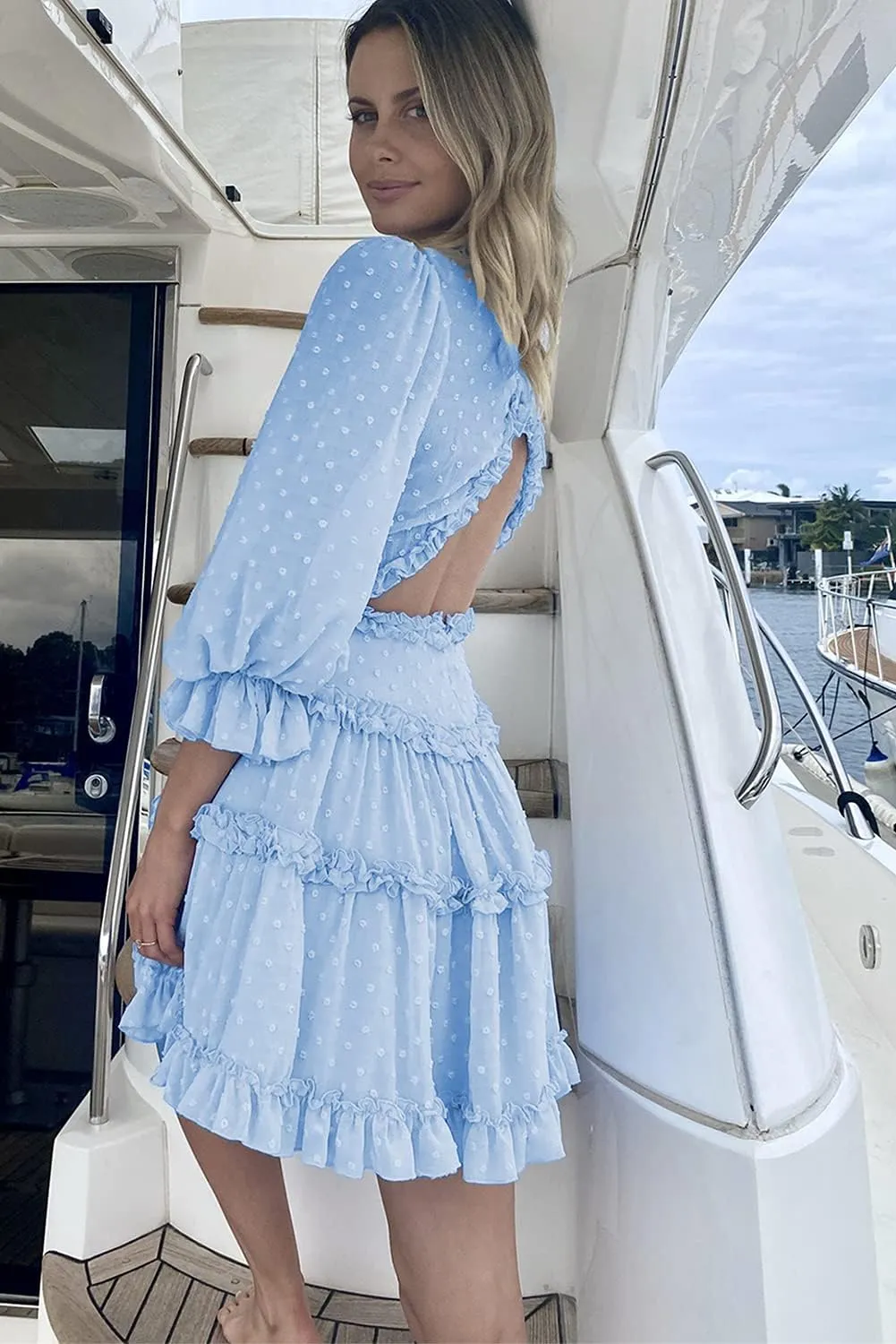 Women's V Neck Swiss Dot Mini Dress Solid Ruffle Backless Flowy Swing Party Dresses Summer