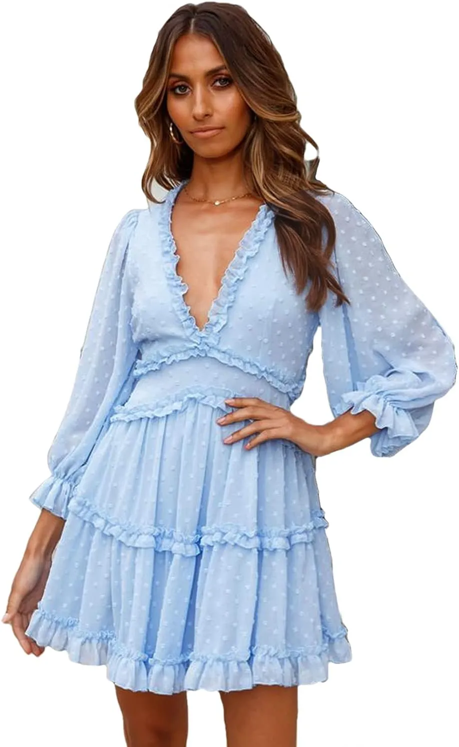 Women's V Neck Swiss Dot Mini Dress Solid Ruffle Backless Flowy Swing Party Dresses Summer