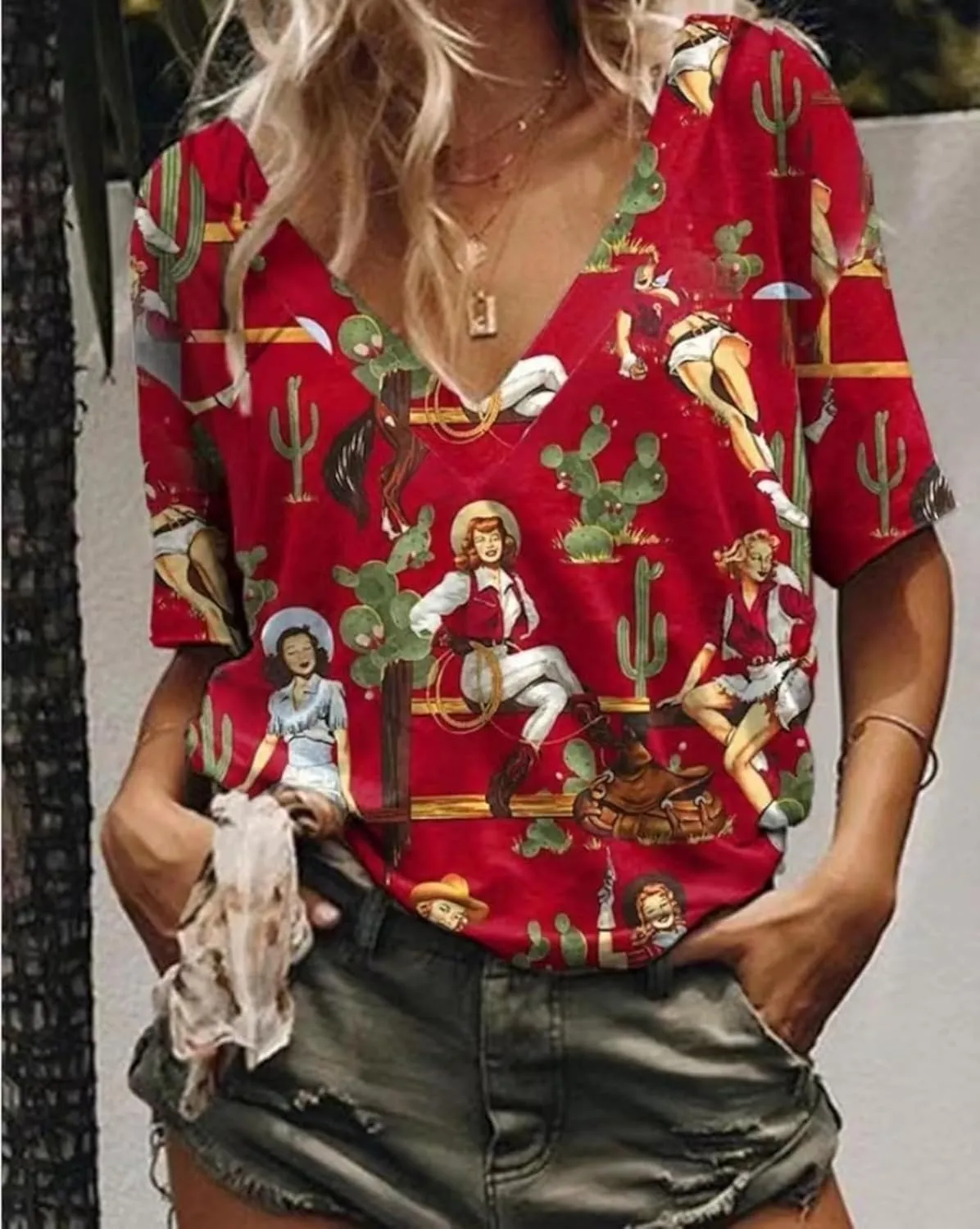 Women's Western Shirt Casual Cactus V-Neck T-Shirt Cowgirl Western Pattern Short Sleeve Loose Ladies Western Tops