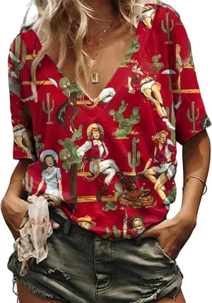 Women's Western Shirt Casual Cactus V-Neck T-Shirt Cowgirl Western Pattern Short Sleeve Loose Ladies Western Tops