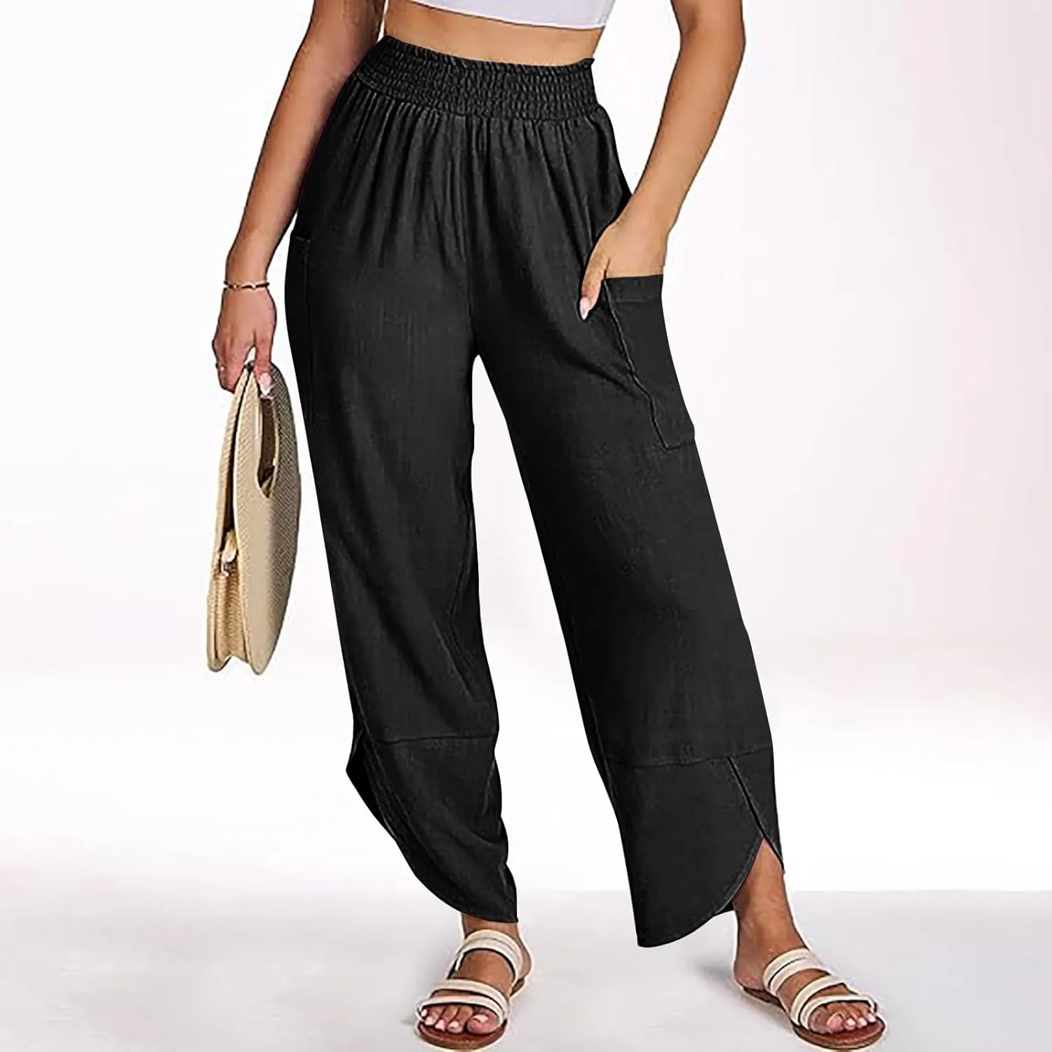 Women's Wide Leg Palazzo Capri Pants Summer Casual Loose High Waisted Lounge Capris Flowy Cropped Beach Work Trousers