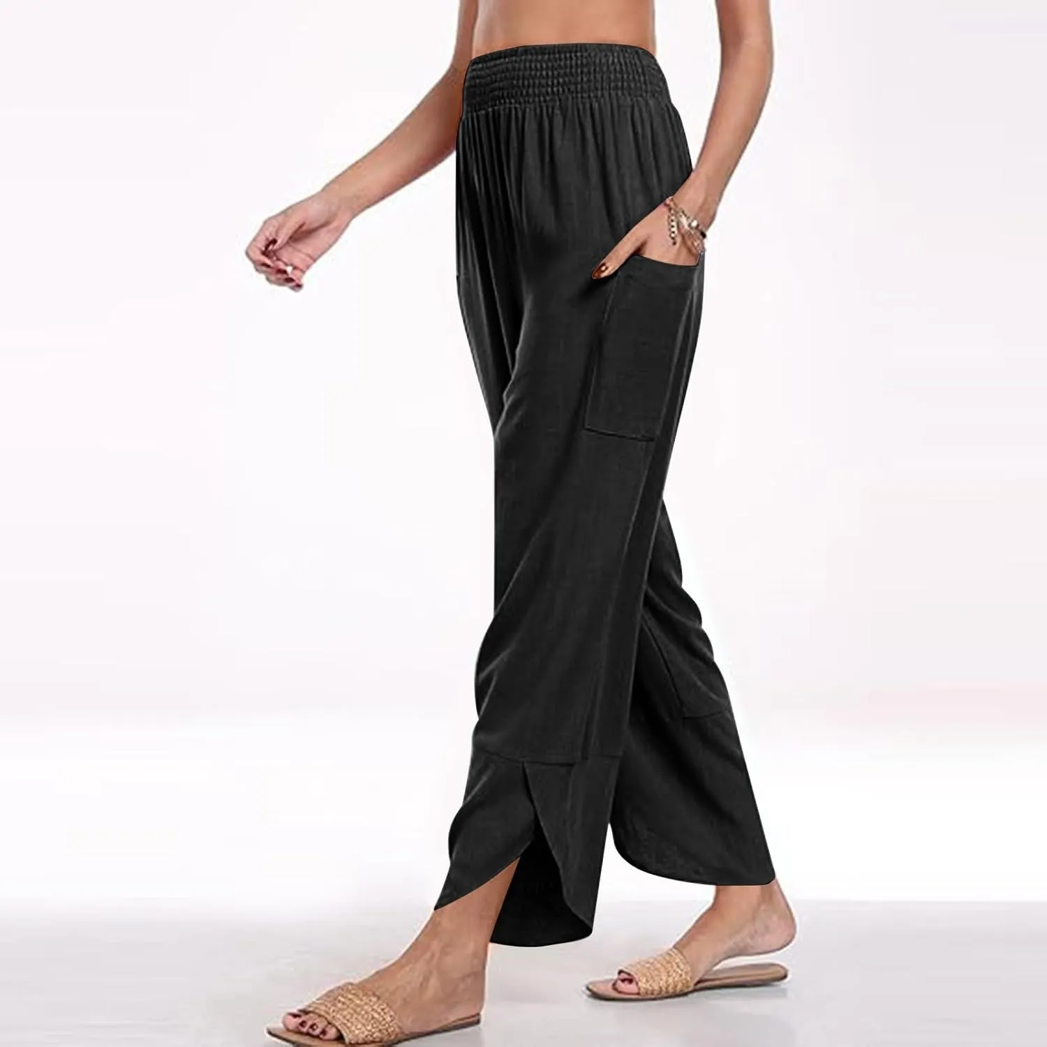 Women's Wide Leg Palazzo Capri Pants Summer Casual Loose High Waisted Lounge Capris Flowy Cropped Beach Work Trousers