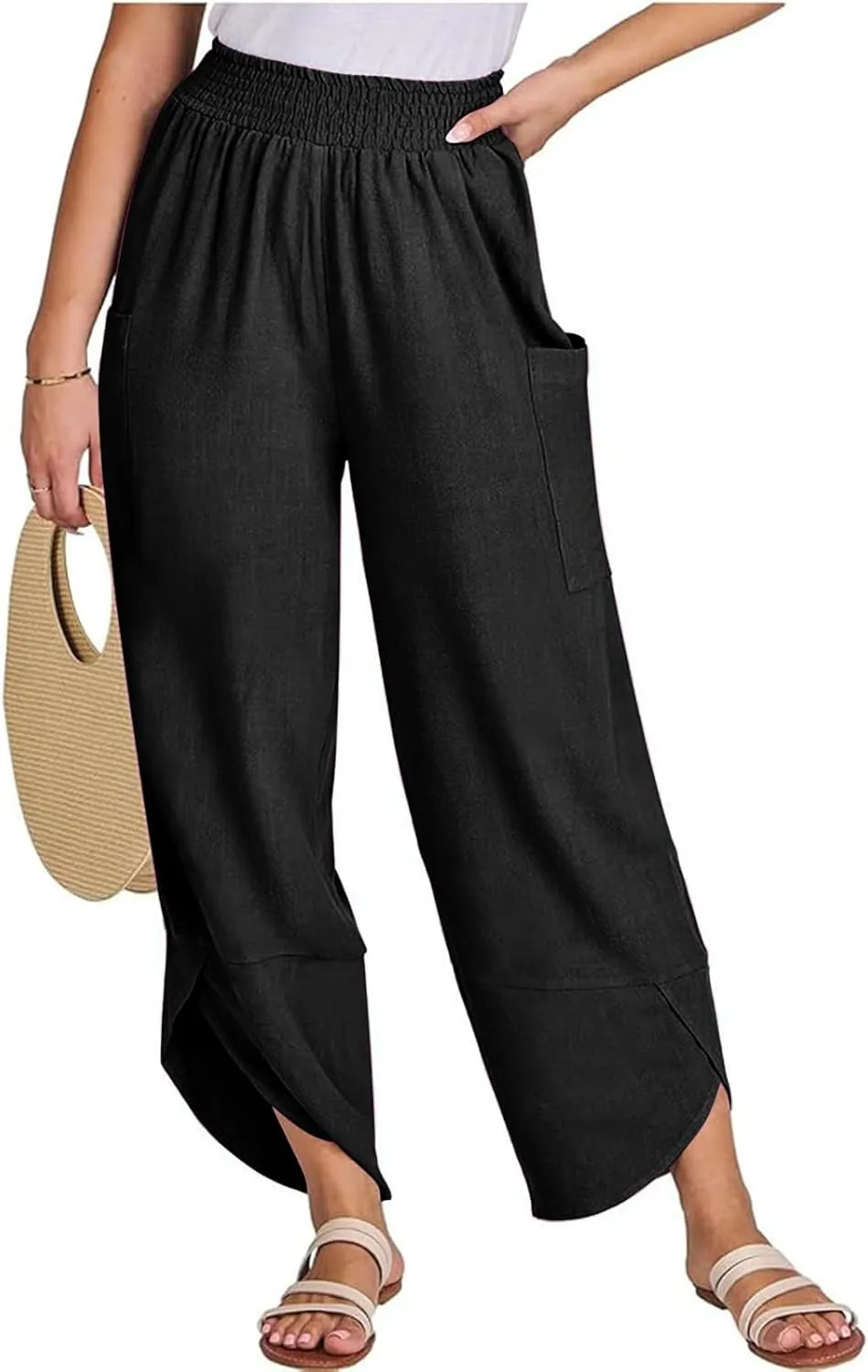 Women's Wide Leg Palazzo Capri Pants Summer Casual Loose High Waisted Lounge Capris Flowy Cropped Beach Work Trousers