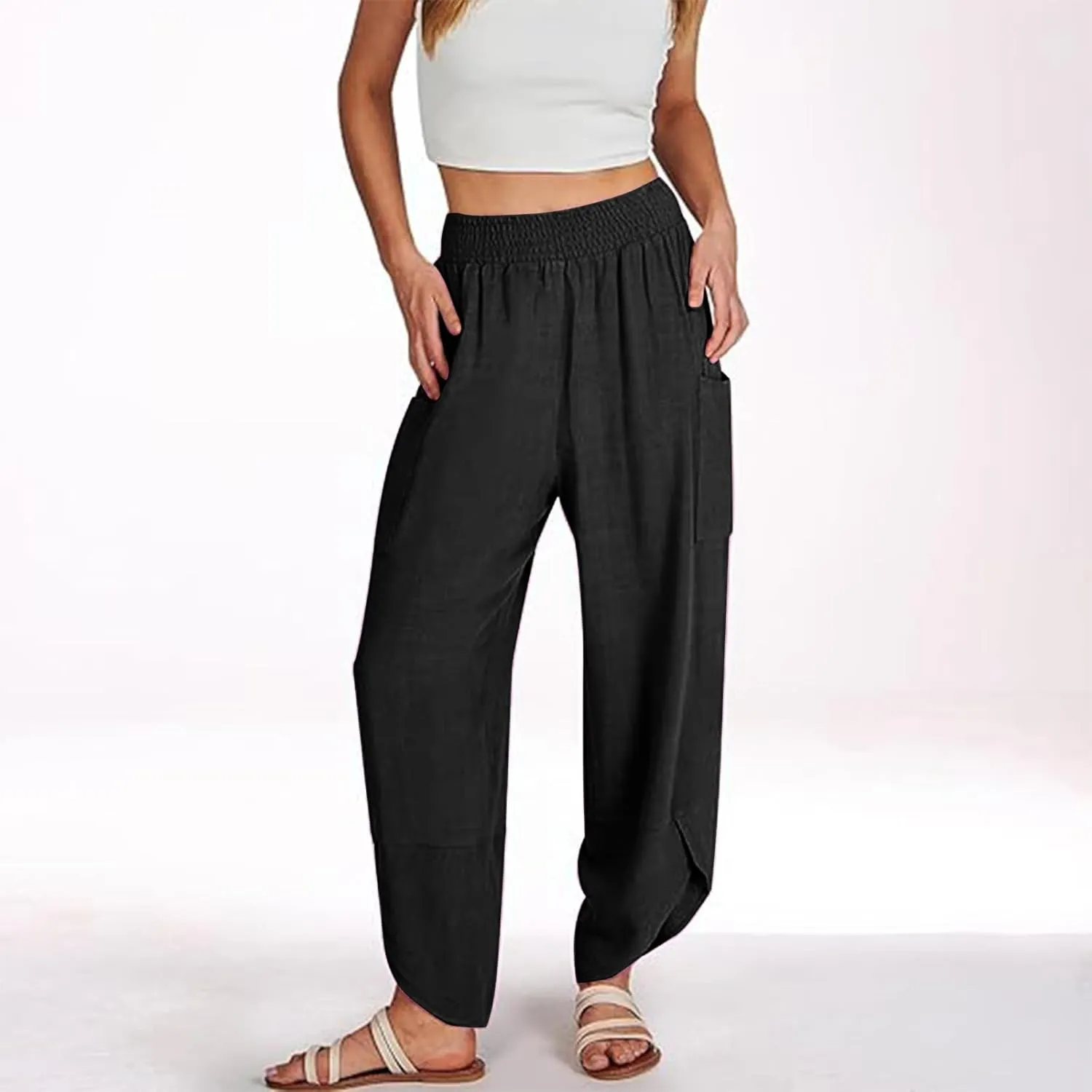 Women's Wide Leg Palazzo Capri Pants Summer Casual Loose High Waisted Lounge Capris Flowy Cropped Beach Work Trousers