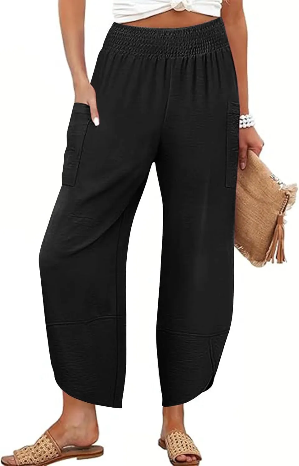Women's Wide Leg Palazzo Capri Pants Summer Casual Loose High Waisted Lounge Capris Flowy Cropped Beach Work Trousers