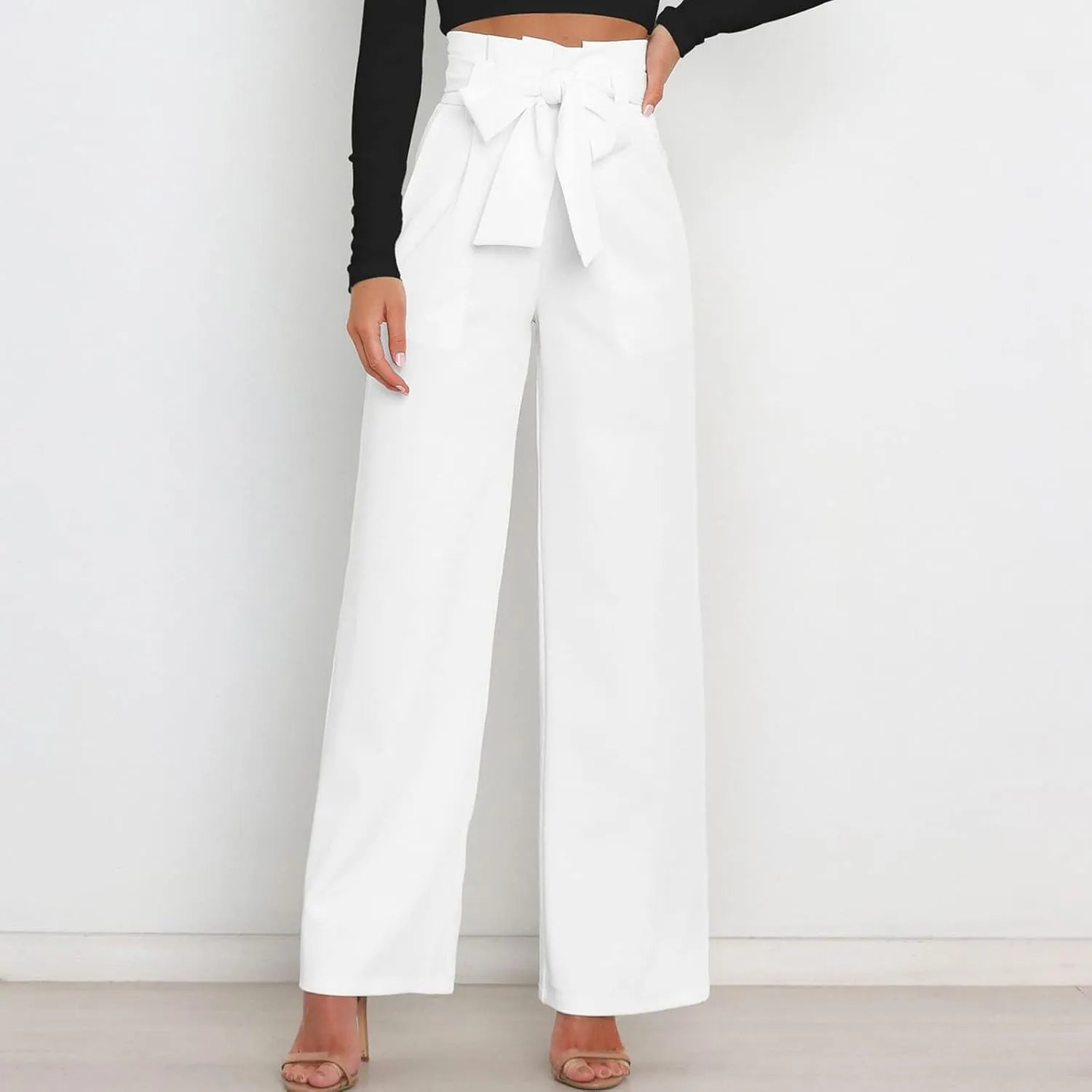 Women's Wide Leg Pants High Elastic Waisted in The Back Business Work Trousers Long Straight Suit Pants