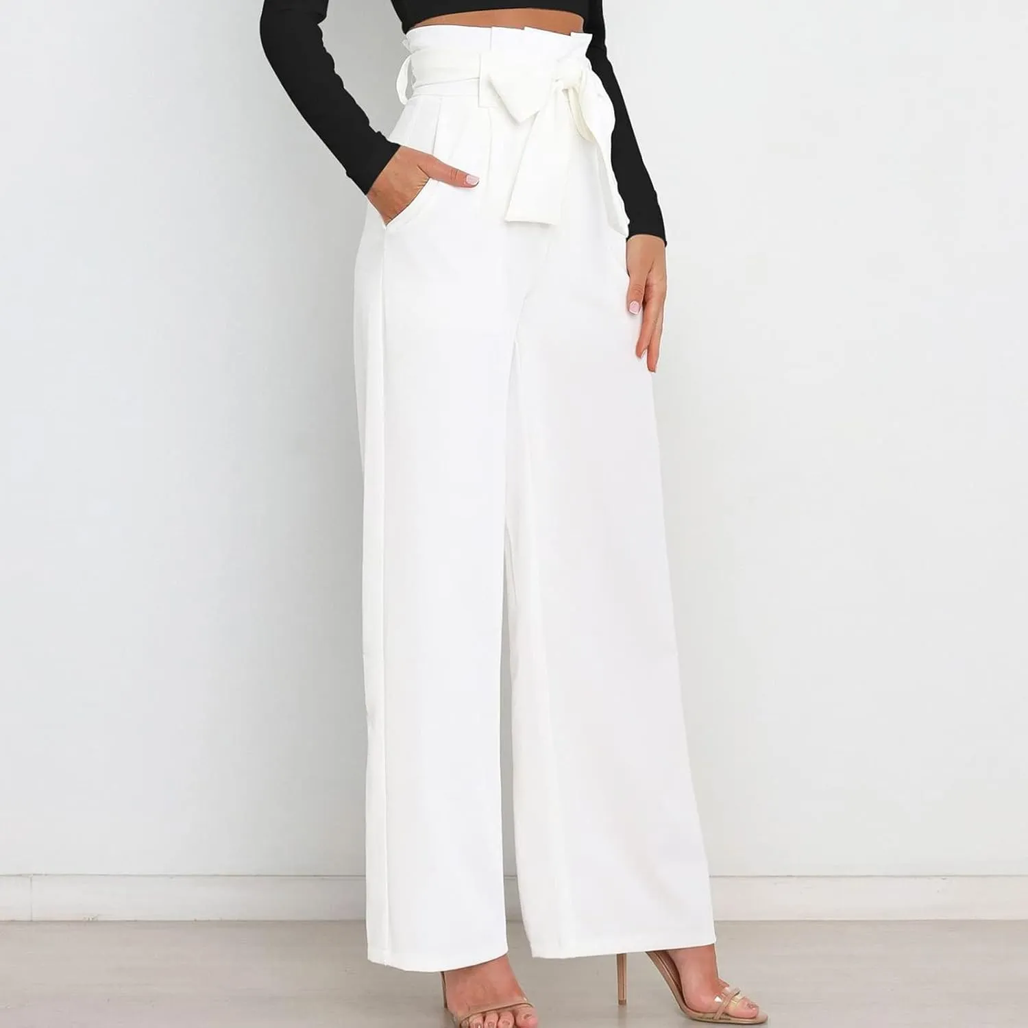 Women's Wide Leg Pants High Elastic Waisted in The Back Business Work Trousers Long Straight Suit Pants
