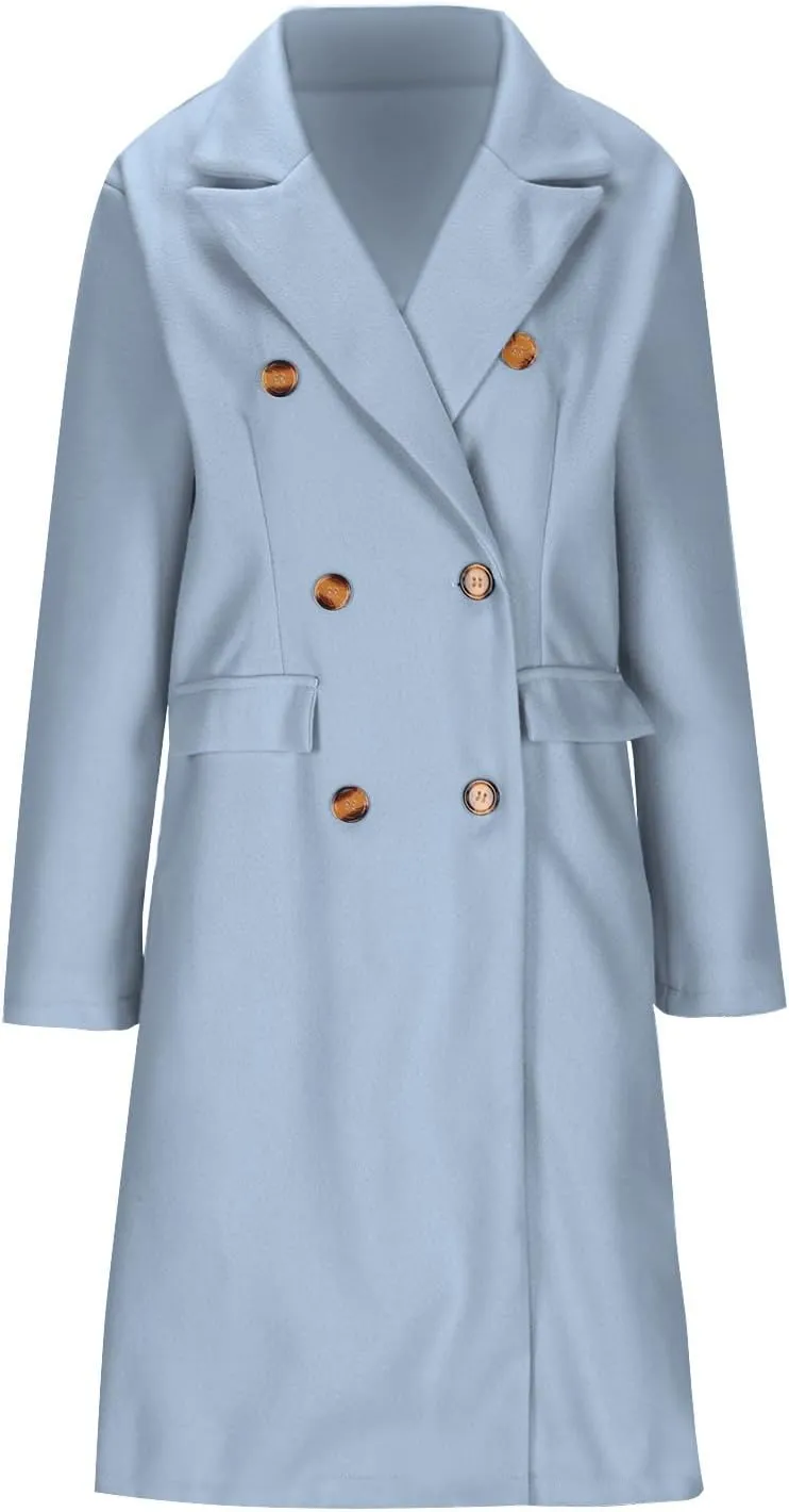 Womens Winter Mid Long Trench Coat Winter Lapel Double Breasted Long Pea Coat Casual Work Office Overcoat with Pocket