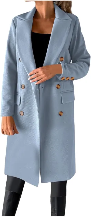 Womens Winter Mid Long Trench Coat Winter Lapel Double Breasted Long Pea Coat Casual Work Office Overcoat with Pocket