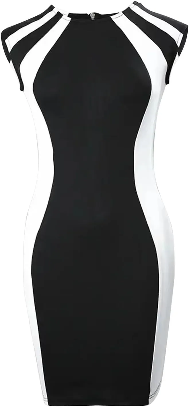 Womens Work Dress 2023 Casual Colorblock Crew Neck Sleeveless Back Zipper Slit Plus Size Prom Dresses with Sleeves