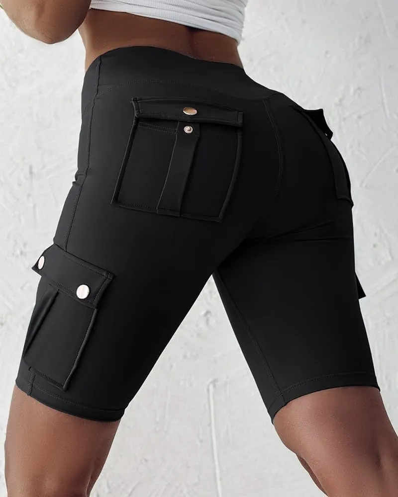 Womens Workout Shorts with Pocket Tummy Control Cargo Shorts Knee Length Butt Lifting High Waisted Biker Yoga Legging