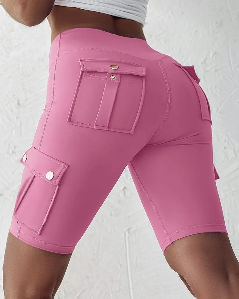 Womens Workout Shorts with Pocket Tummy Control Cargo Shorts Knee Length Butt Lifting High Waisted Biker Yoga Legging