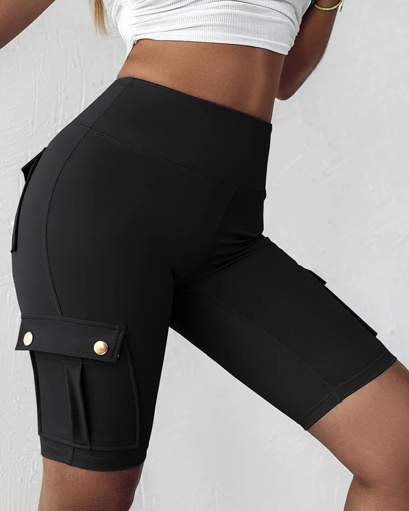 Womens Workout Shorts with Pocket Tummy Control Cargo Shorts Knee Length Butt Lifting High Waisted Biker Yoga Legging