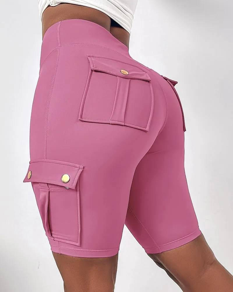 Womens Workout Shorts with Pocket Tummy Control Cargo Shorts Knee Length Butt Lifting High Waisted Biker Yoga Legging