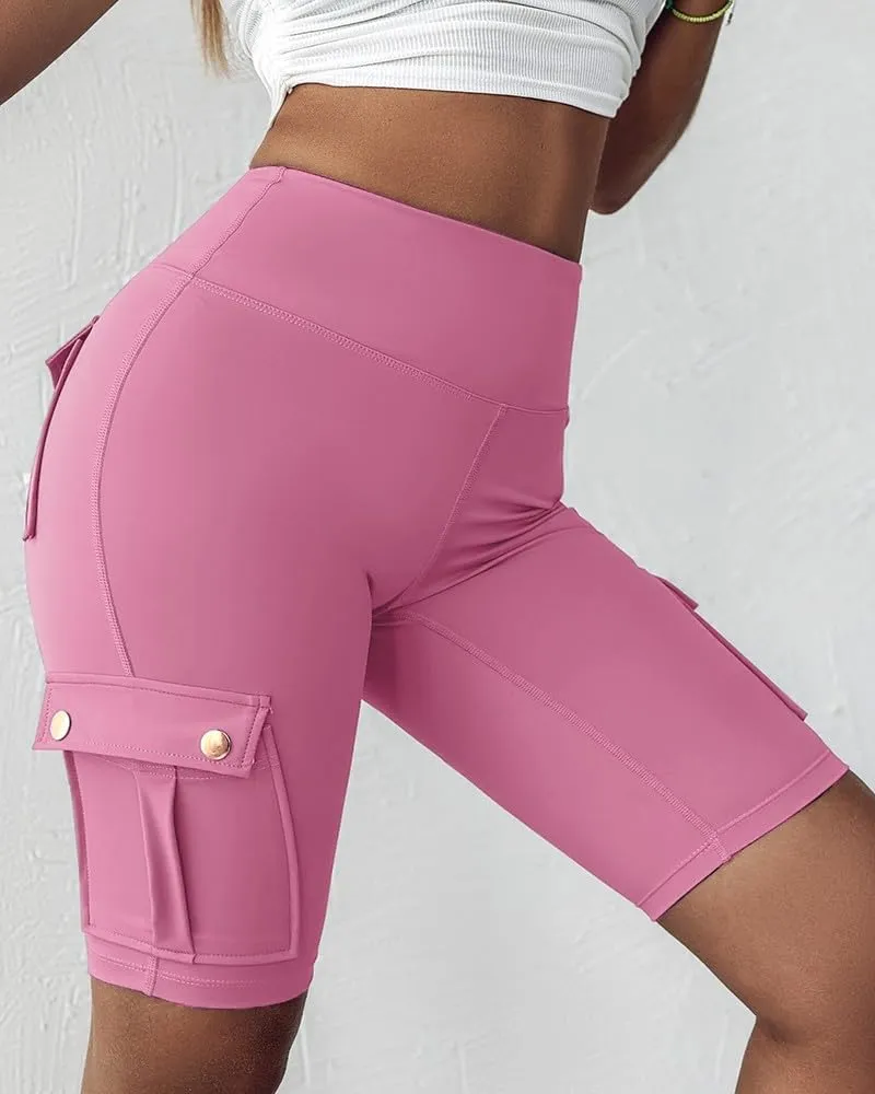 Womens Workout Shorts with Pocket Tummy Control Cargo Shorts Knee Length Butt Lifting High Waisted Biker Yoga Legging